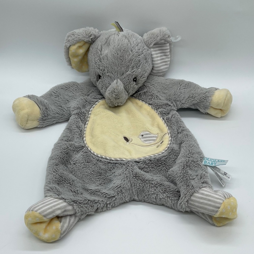 Douglas Baby Elephant Snuggler Plush Grey Yellow Bird Embroidered Lovey Toy